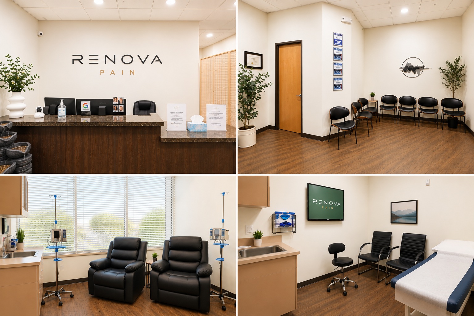 Oficina de Renova Pain en Scottsdale, recepción, sala de espera, área de infusión y consultorio